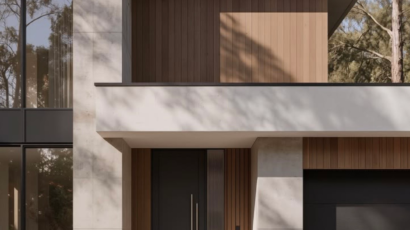 Modern two-storey home exterior with timber cladding and light stone finishes