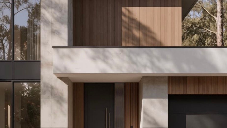 Modern two-storey home exterior with timber cladding and light stone finishes