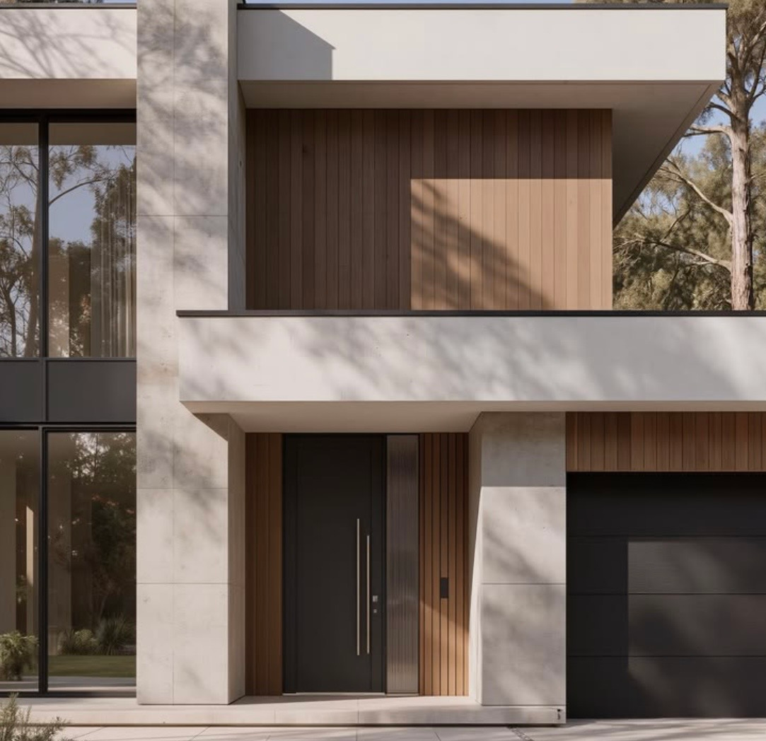Modern two-storey home exterior with timber cladding and light stone finishes