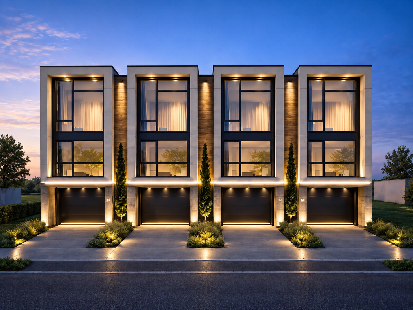 Four modern townhouses at dusk