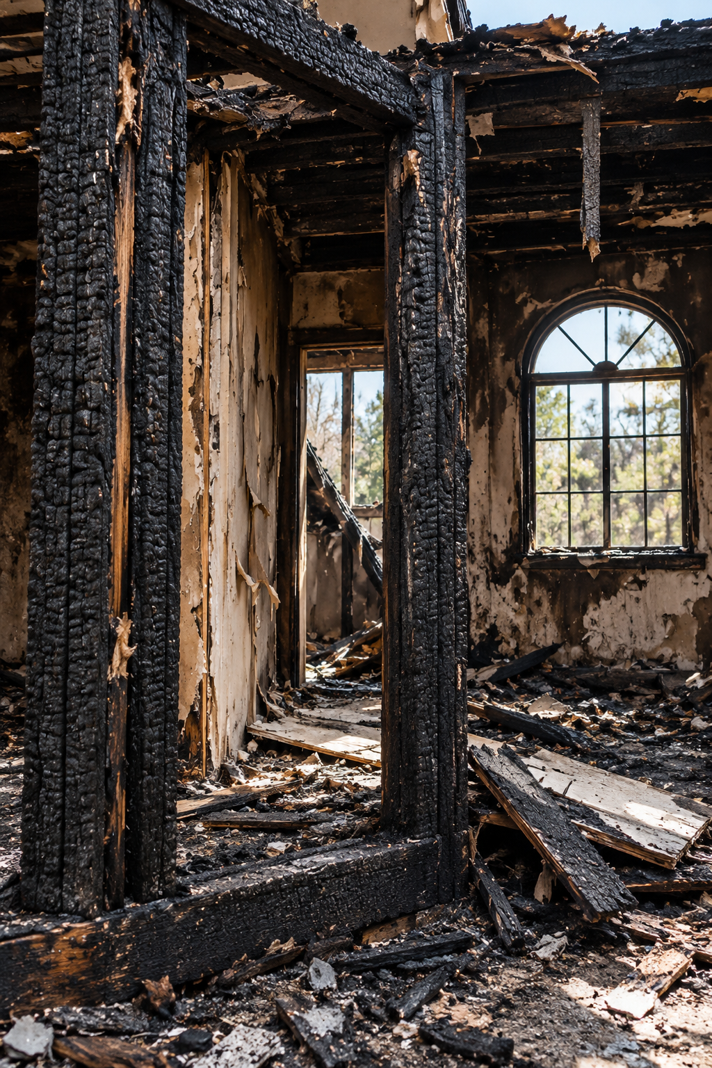 Fire-damaged home interior awaiting insurance restoration and reinstatement