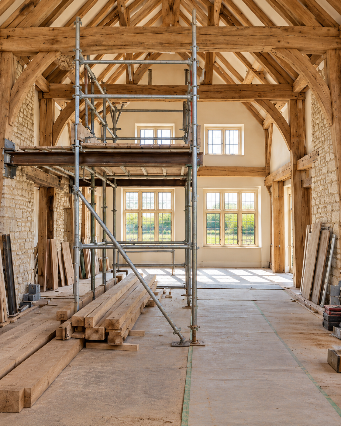 Timber-frame home interior with temporary scaffolding during make-safe and reinstatement works
