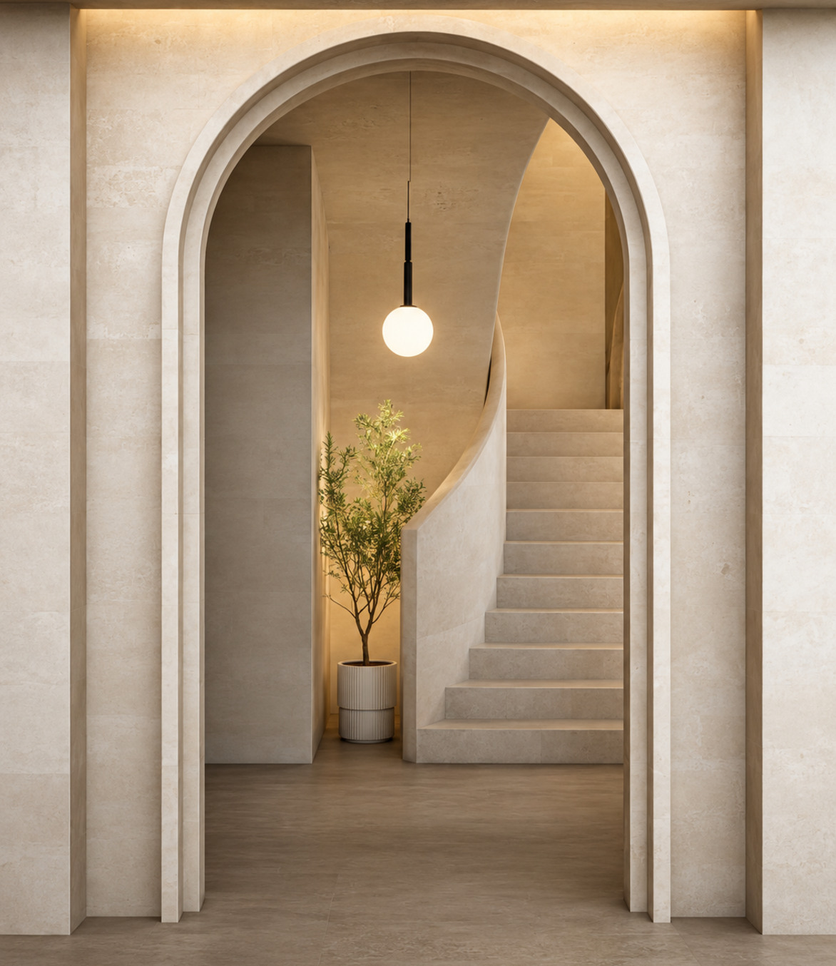 Warm minimalist stone interior with arched doorway and curved staircase