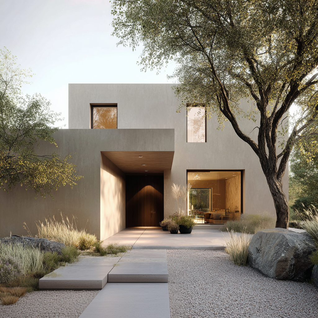 Minimalist contemporary home exterior with mature trees and natural landscaping