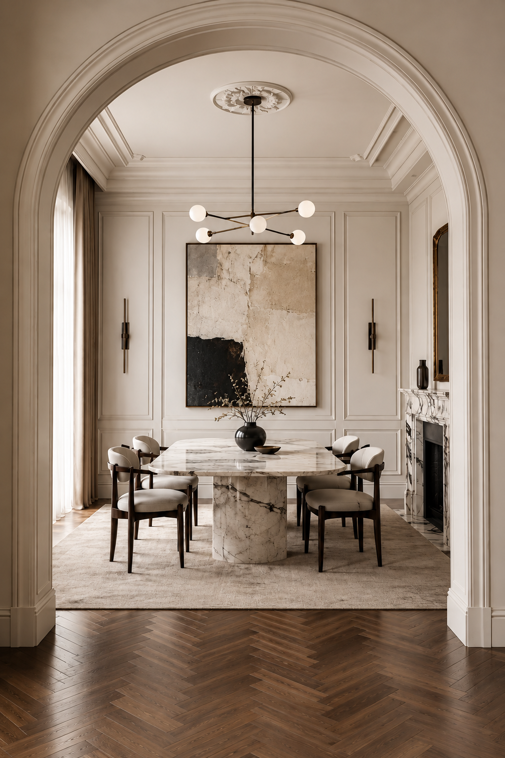 Arched dining room with marble table and herringbone wood floor