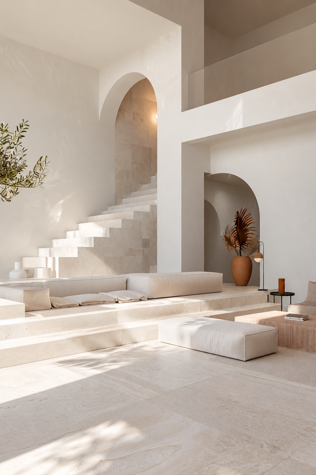 Bright minimalist living room with a sculptural staircase and arched opening