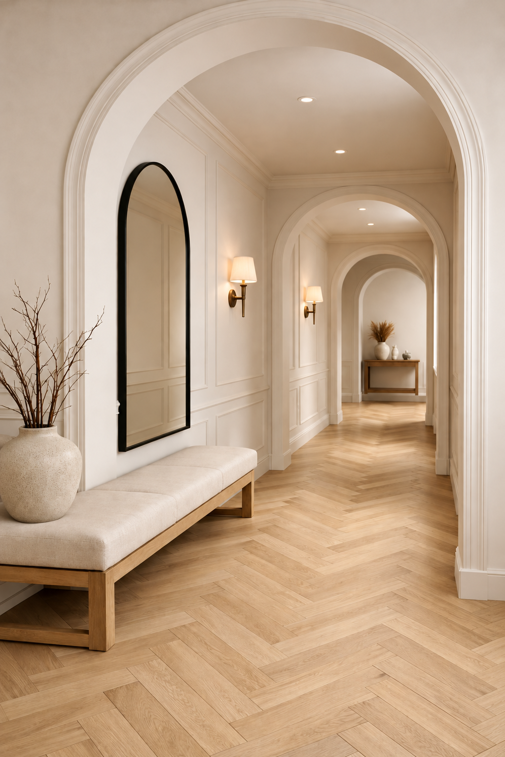 Warm neutral hallway with arched openings, paneled walls and herringbone oak flooring