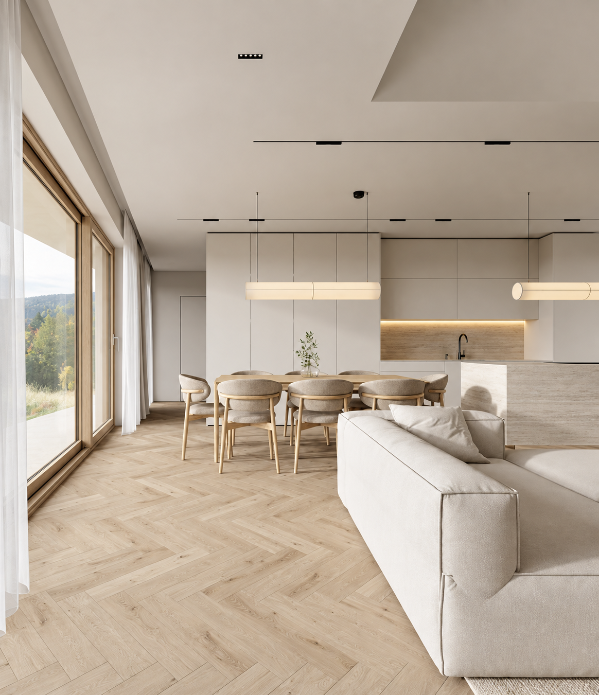Warm minimalist open-plan living, dining and kitchen interior